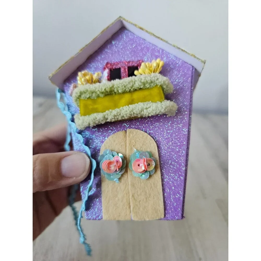 Katherine's collection mini cardboard purple glitter birdhouse village unique sp